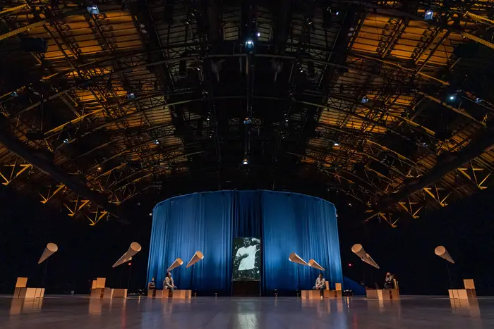A projection inside the Carrie Mae Weems show at Park Ave Armory
